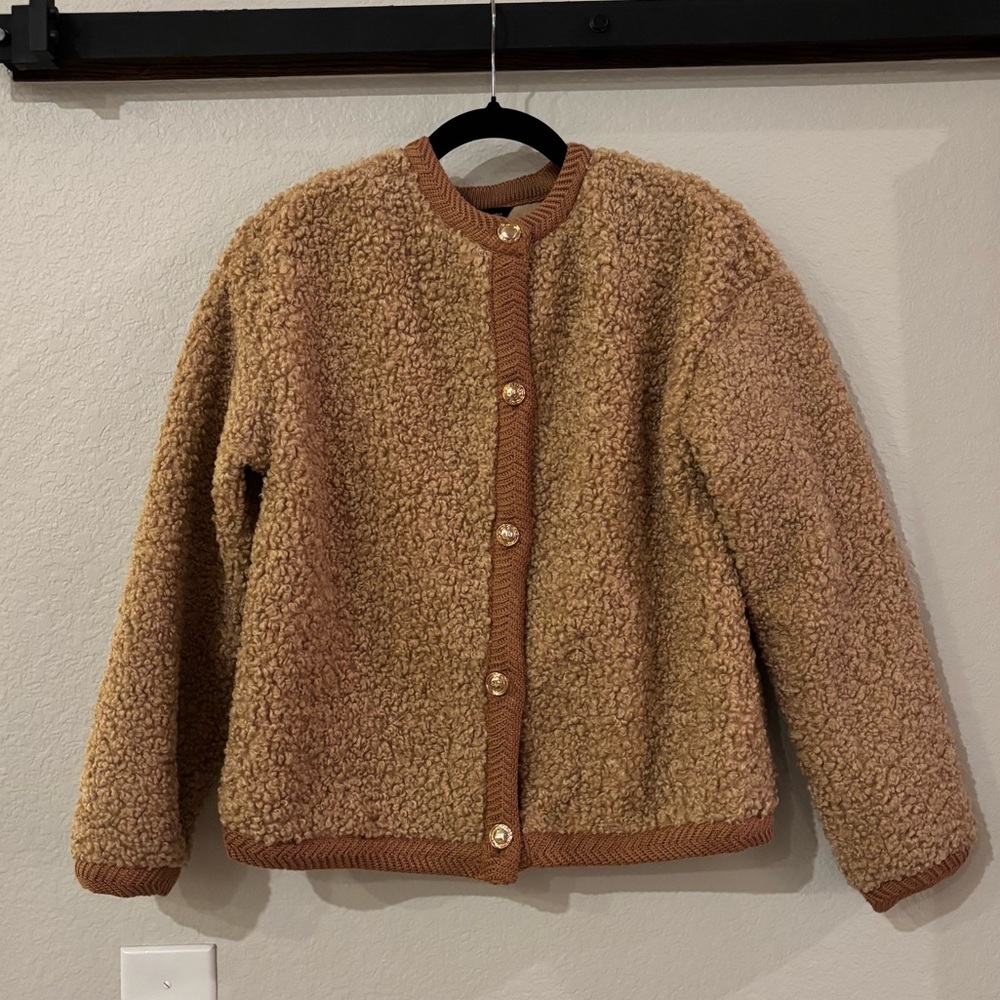 ❗️FINAL❗️PrettyGarden Tan Brown Teddy Jacket Blazer Gold Buttons Small